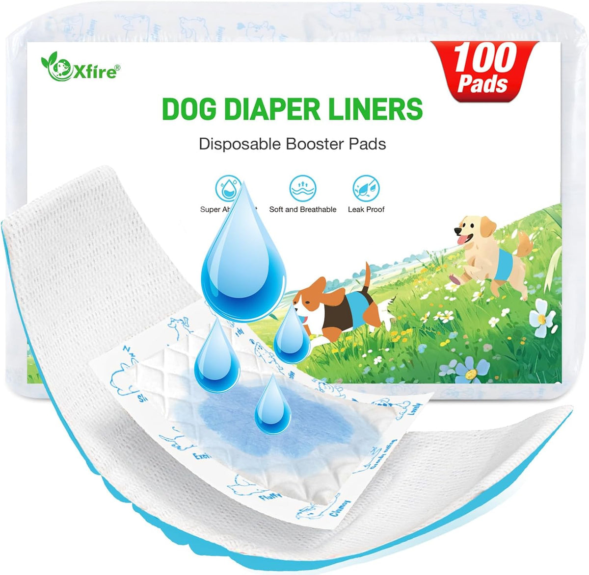 Xfire dog diaper liners booster pads 100 count front retail packaging view