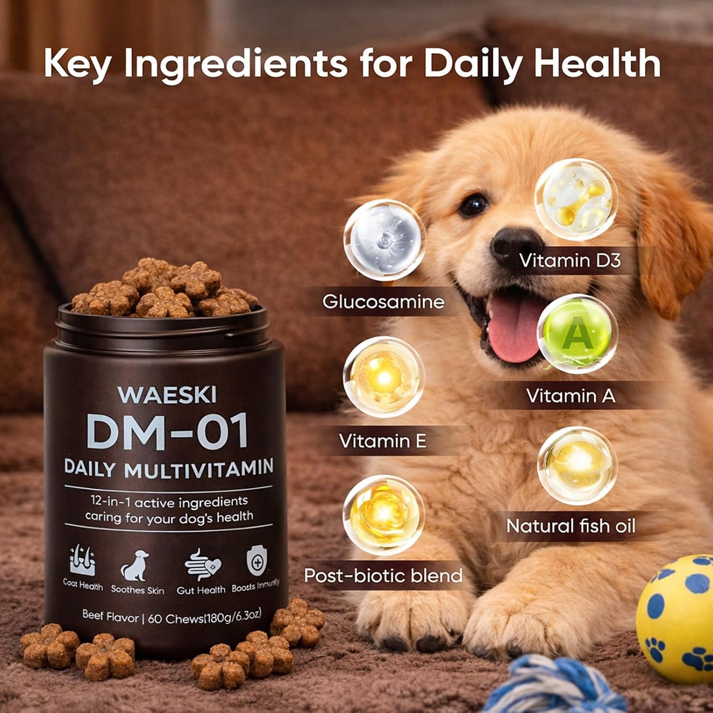 Waeski DM-01 daily dog vitamin container showing salmon oil ingredient info