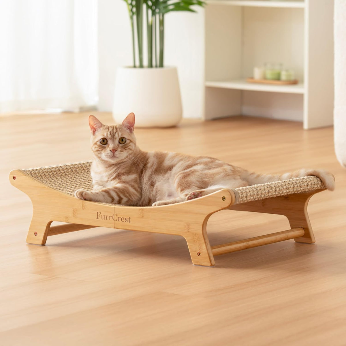 FurrCrest XL sisal cat scratcher bed front view featuring the natural grey hammock texture and sturdy bamboo frame.