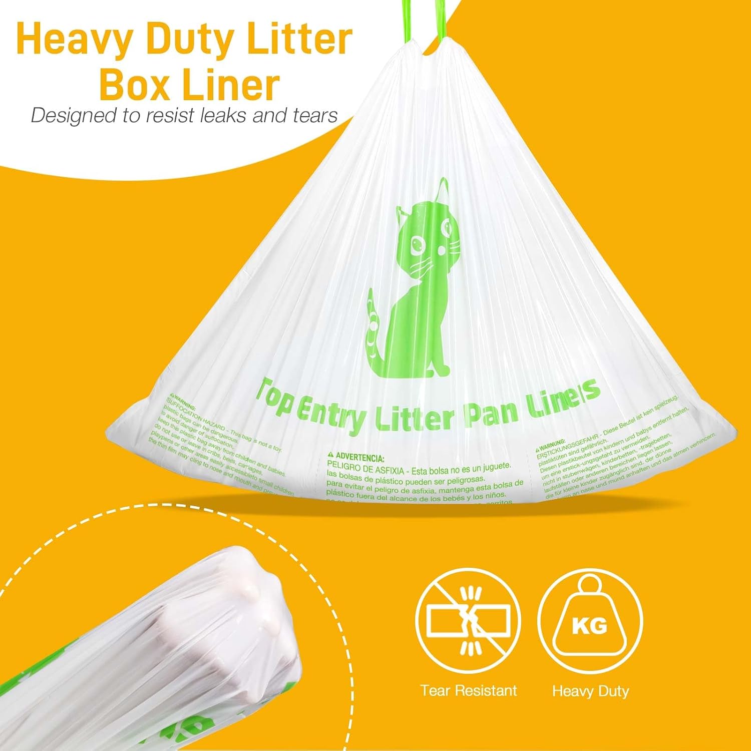 Thick plastic disposable pet litter liners being lifted by drawstrings