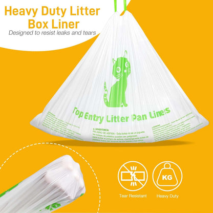 Thick plastic disposable pet litter liners being lifted by drawstrings