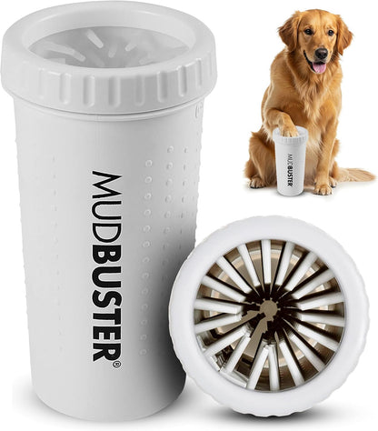 Dexas MudBuster medium fuchsia portable washer standing next to a clean happy dog after outdoor walk