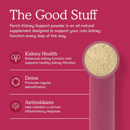 Vet formulated feline kidney supplement powder packaging showing active botanical ingredients