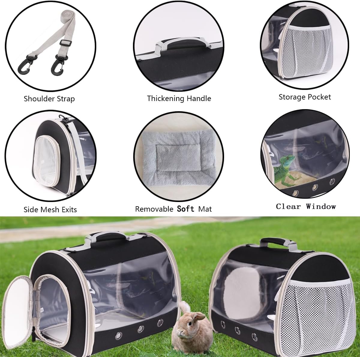 Bearded Dragon Travel Carrier Backpack,Lizard Backpack Carrier,Space Capsule Clear Bubble Window Astronaut Reptile Carrier Backpack for Guinea Pig,Sugar Glider,Bunny (Black, TPU Carrier+MAT) - Image 4