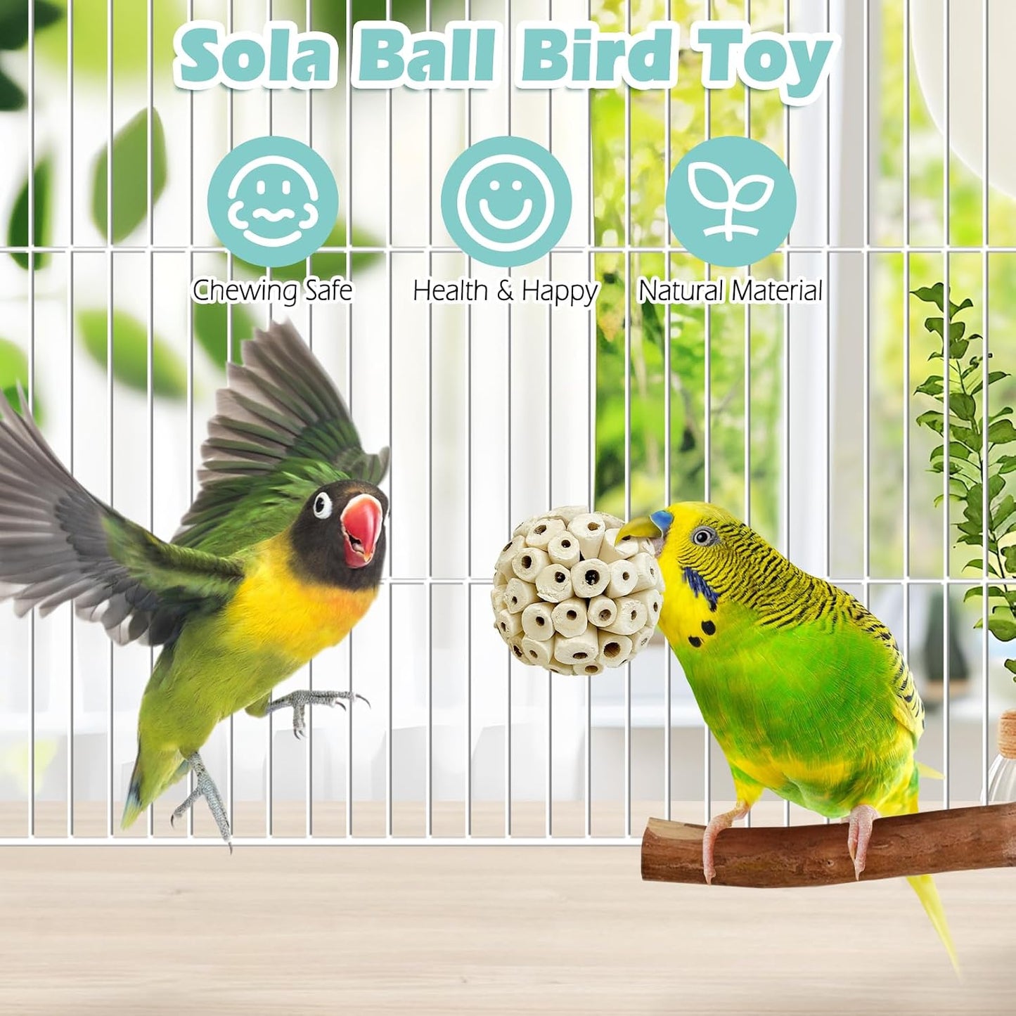 PINVNBY natural shredding toys hung from cage bars for mental enrichment.