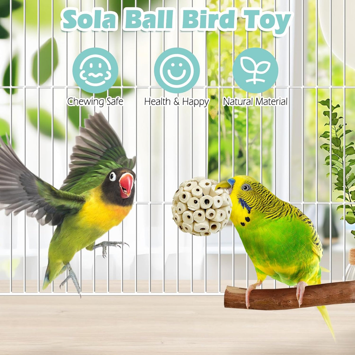 Sola ball bird toy hanging from cage accessory