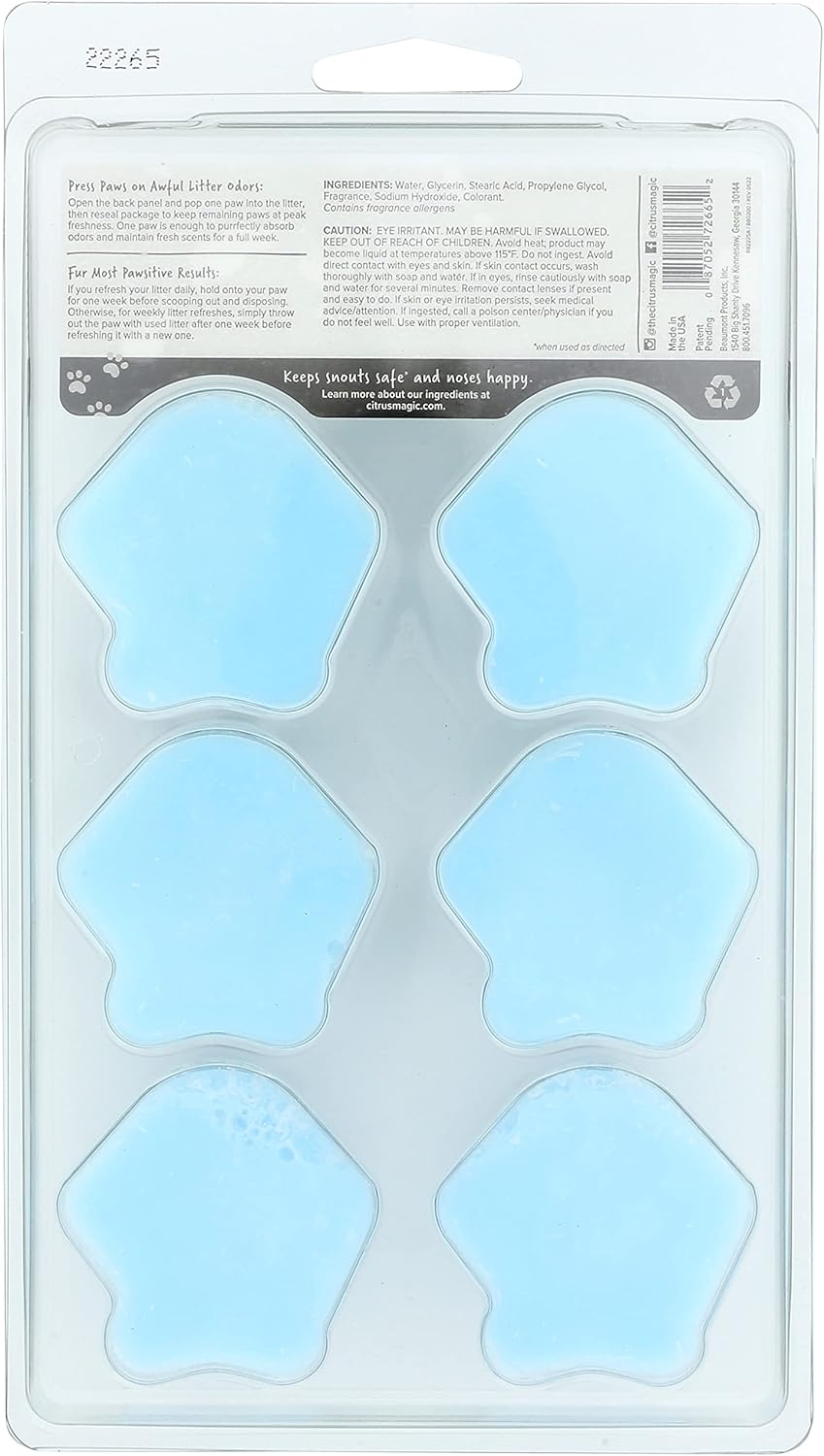 Citrus Magic Fresh Linen litter paws pack showing six count long lasting air fresheners