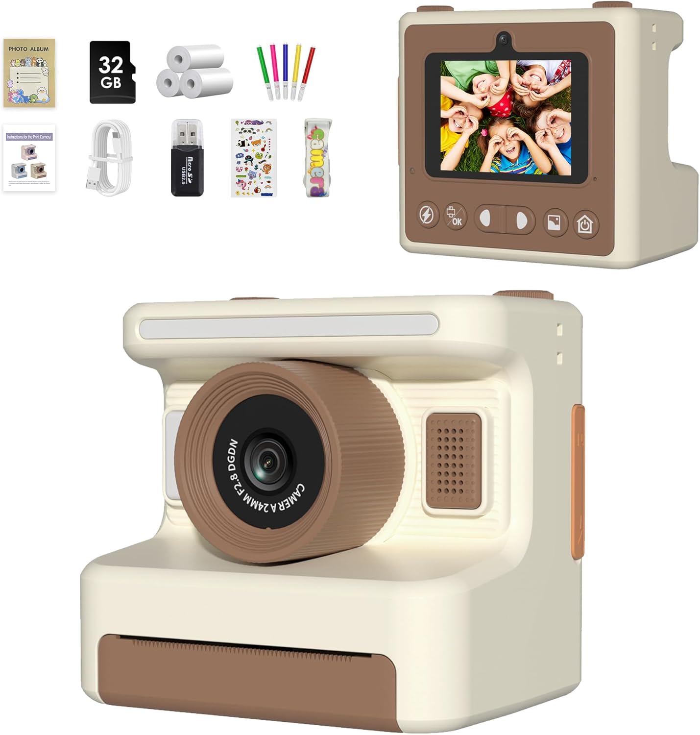 Mummed kids instant print camera front view displaying pink digital lens and screen