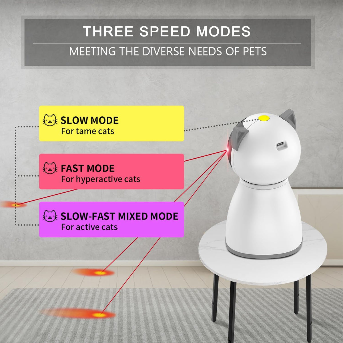 Automatic laser toy for indoor cats featuring multiple speed control buttons.