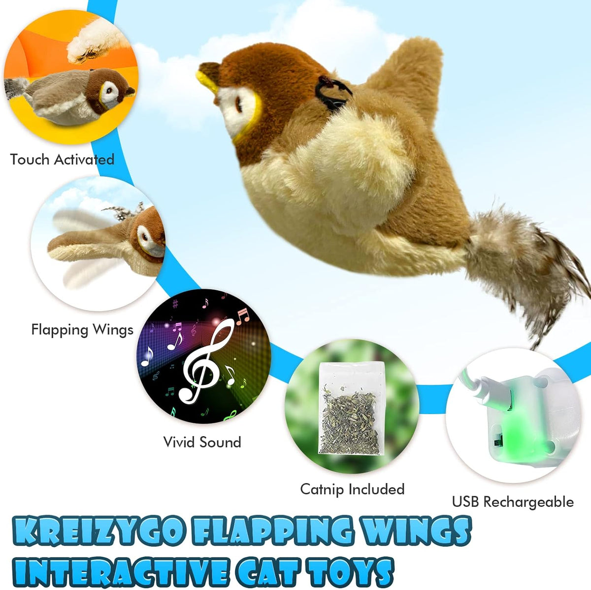 KreizyGo sparrow toy showing realistic plush wing design