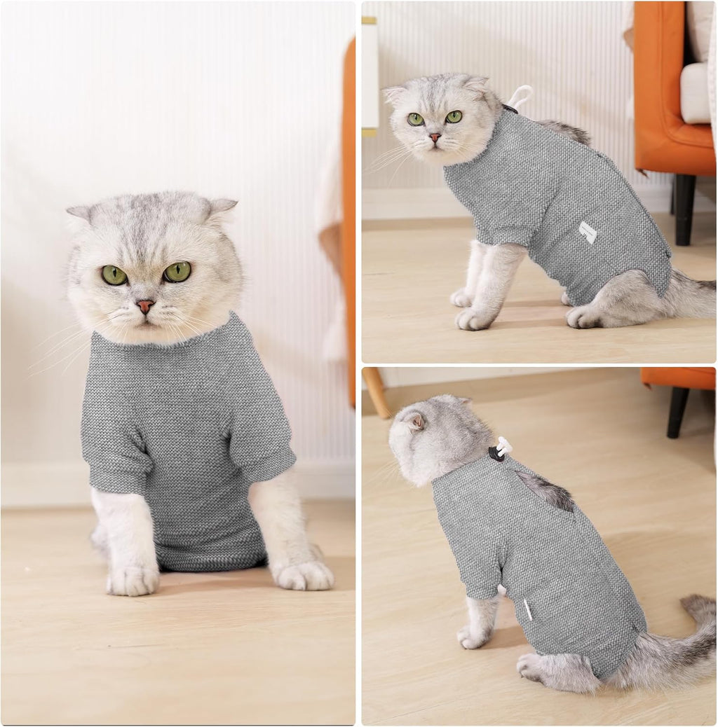 Dotoner spay recovery suit for kittens showing the magic tape back closure for easy dressing and secure fit.