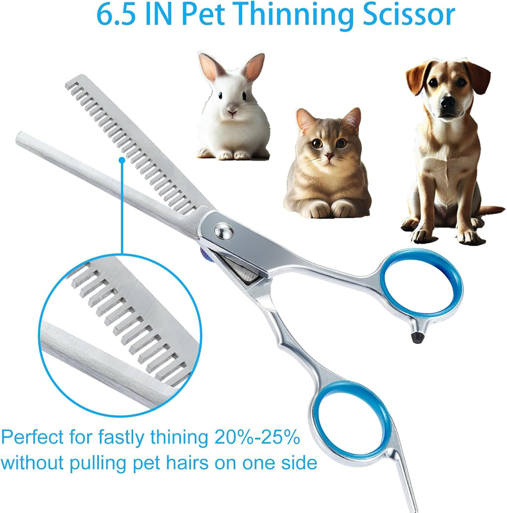 Complete pet grooming kit including shears comb cleaning cloth and leather storage case.