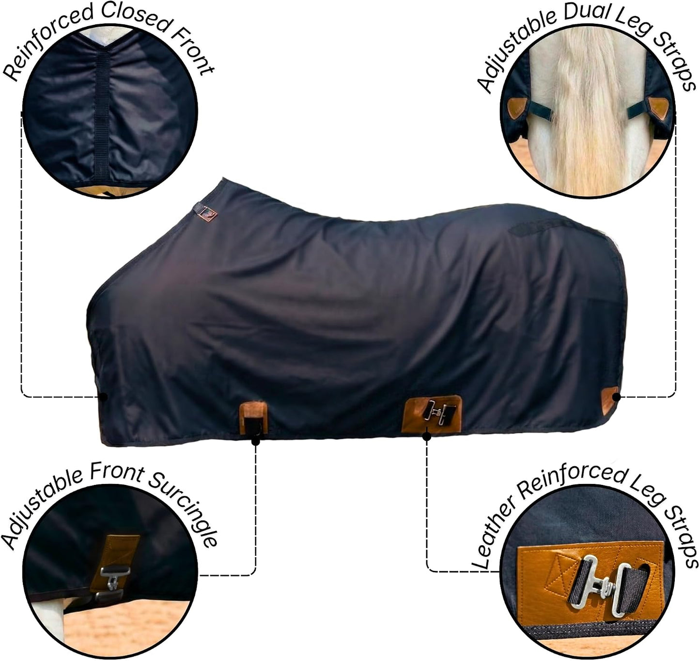 Close up look at the Adjusta-Fit cutback neck design of the black horse sheet.
