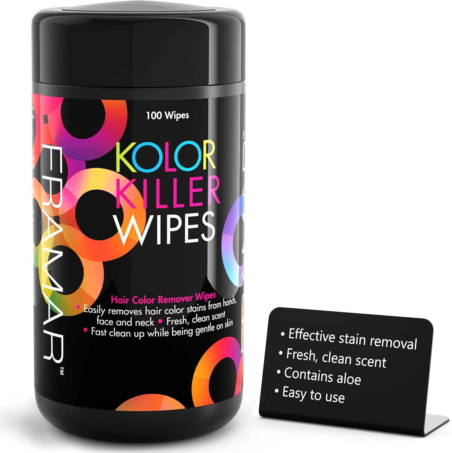 Framar Kolor Killer Wipes front view dispenser container for hair dye skin removal