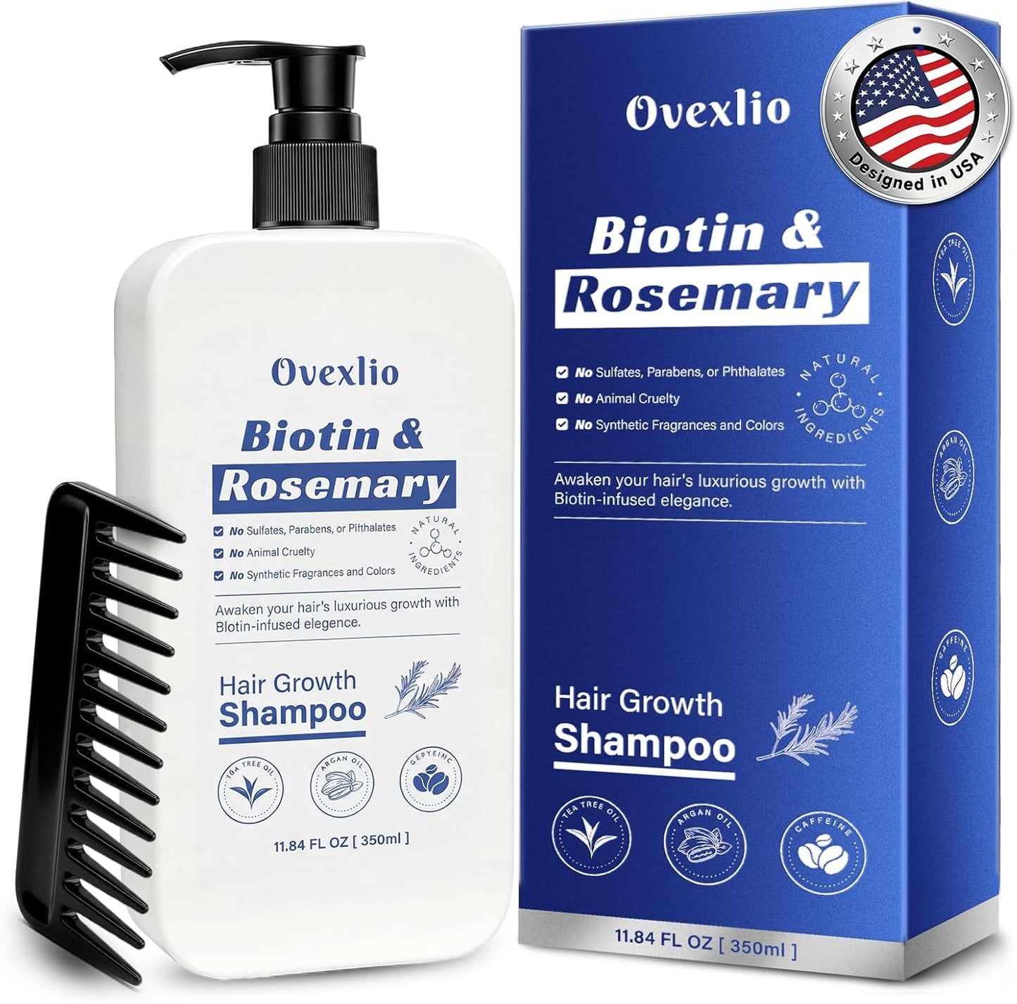 Ovexlio Hair Growth Shampoo front view bottle showcasing the biotin and rosemary hair loss formula.