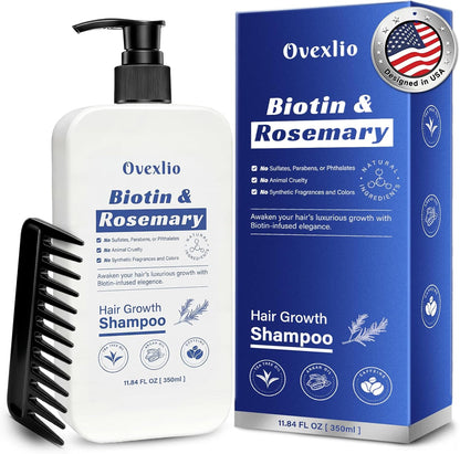 Ovexlio Hair Growth Shampoo front view bottle showcasing the biotin and rosemary hair loss formula.