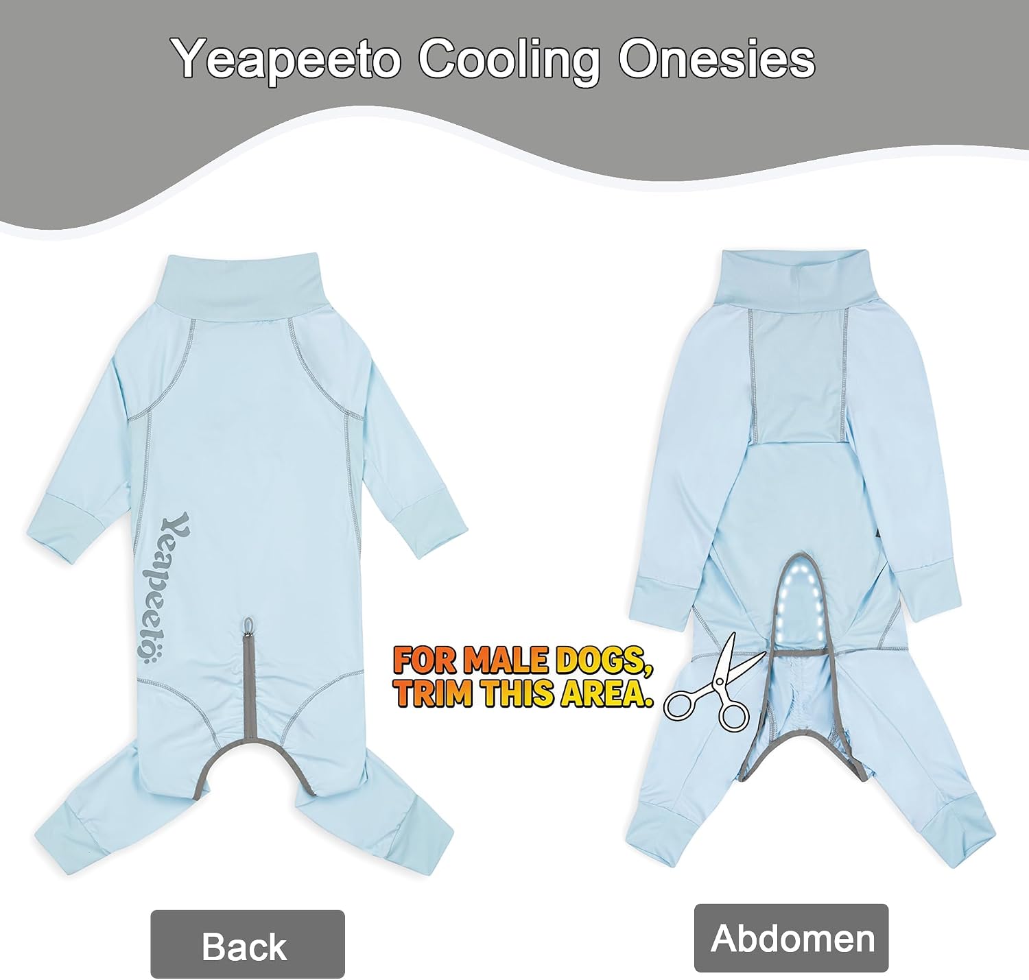 Ice blue dog jumpsuit showing full body coverage
