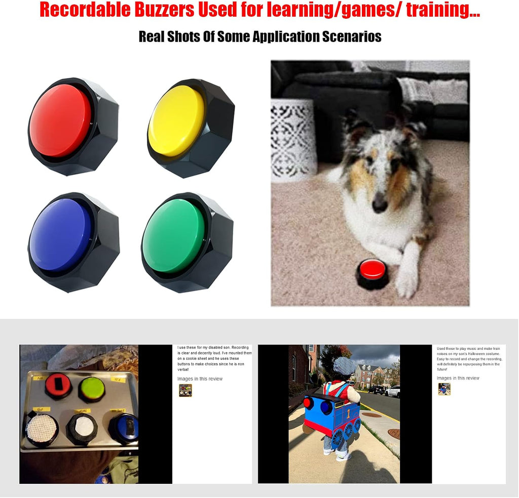 A dog pressing a yellow recordable communication button during an interactive training session.