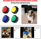 A dog pressing a yellow recordable communication button during an interactive training session.