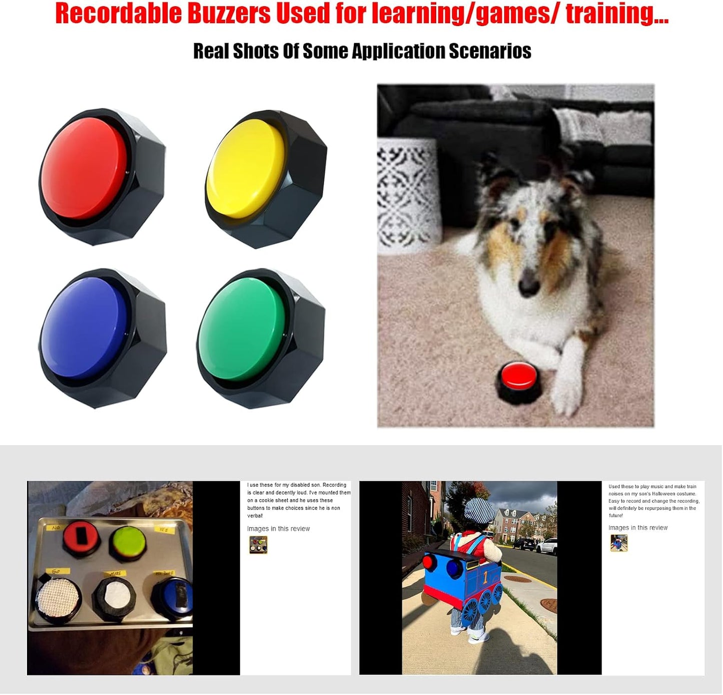 A dog pressing a yellow recordable communication button during an interactive training session.
