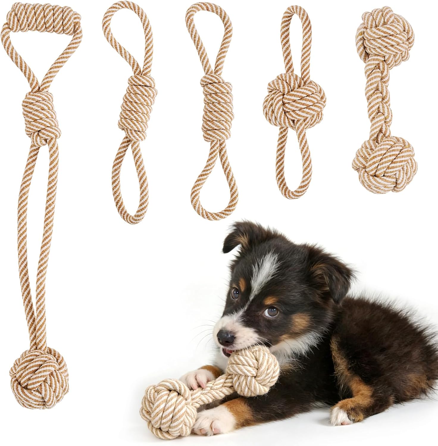 PATTEPOINT dog rope toy 5 pieces front view showcasing various natural cotton puppy chew knots.