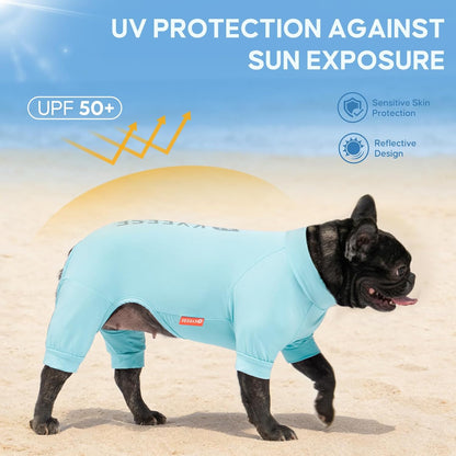 Small dog wearing Kyeese cooling summer jumpsuit side view