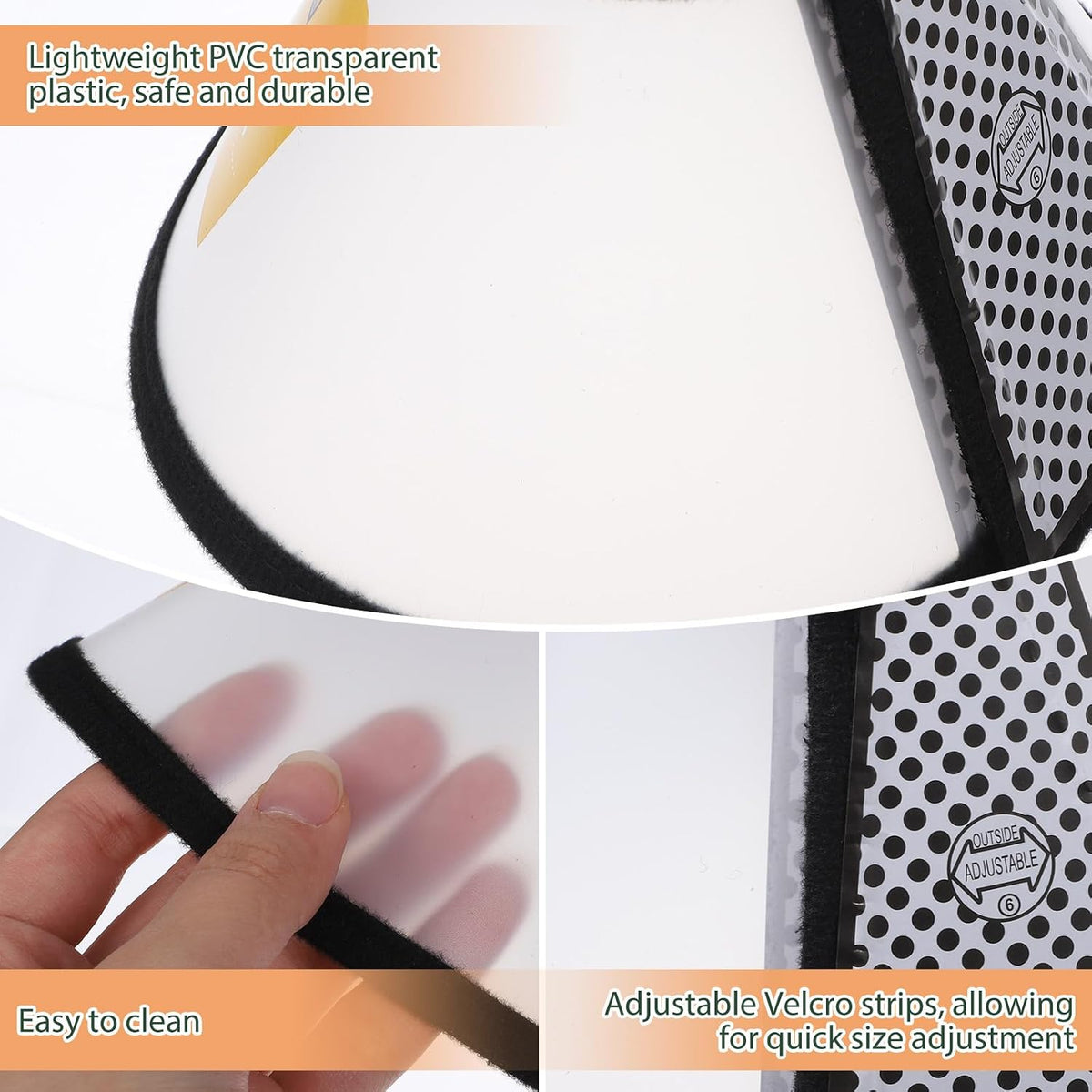 Close up view of the reinforced adjustment system and secure elastic strap on pet cone