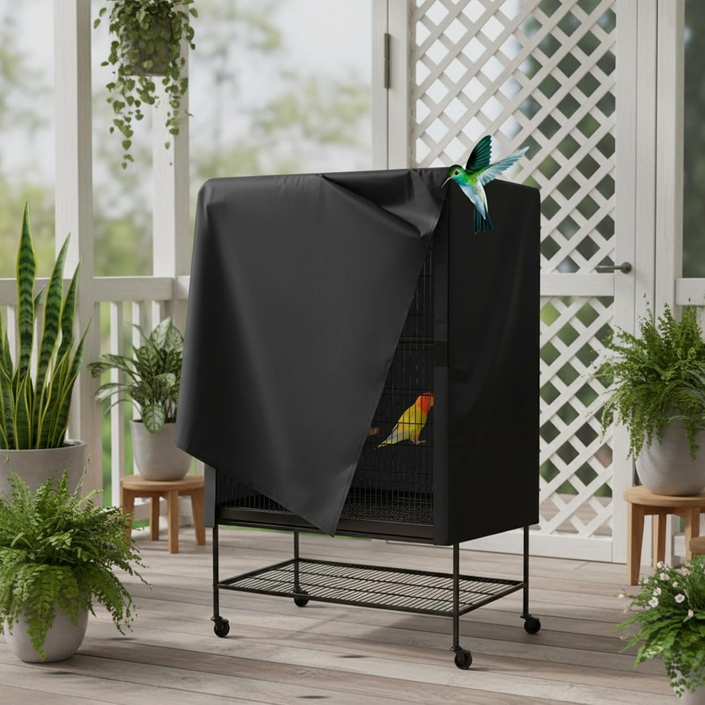 Lyksgir universal pet cage cover highlighting the adjustable front panel with fasteners.