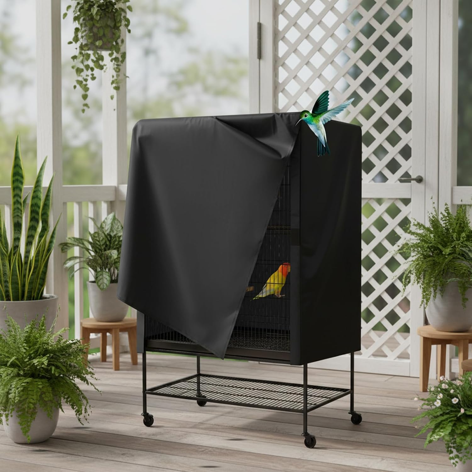 Lyksgir universal pet cage cover highlighting the adjustable front panel with fasteners.