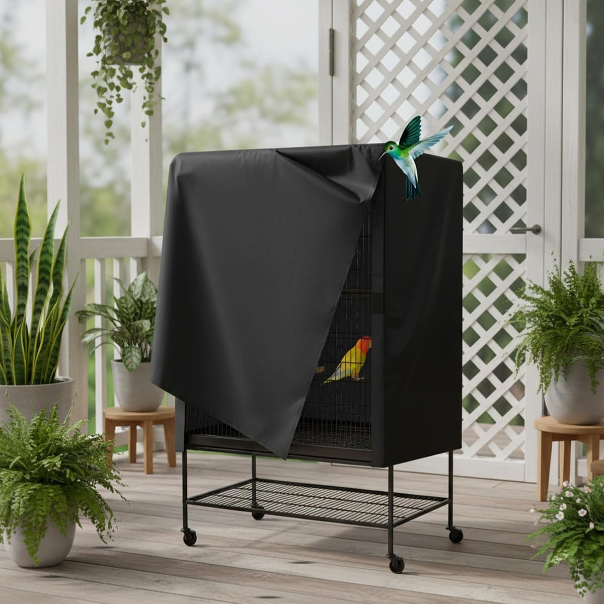Lyksgir waterproof birdcage cover folded with visible fabric texture
