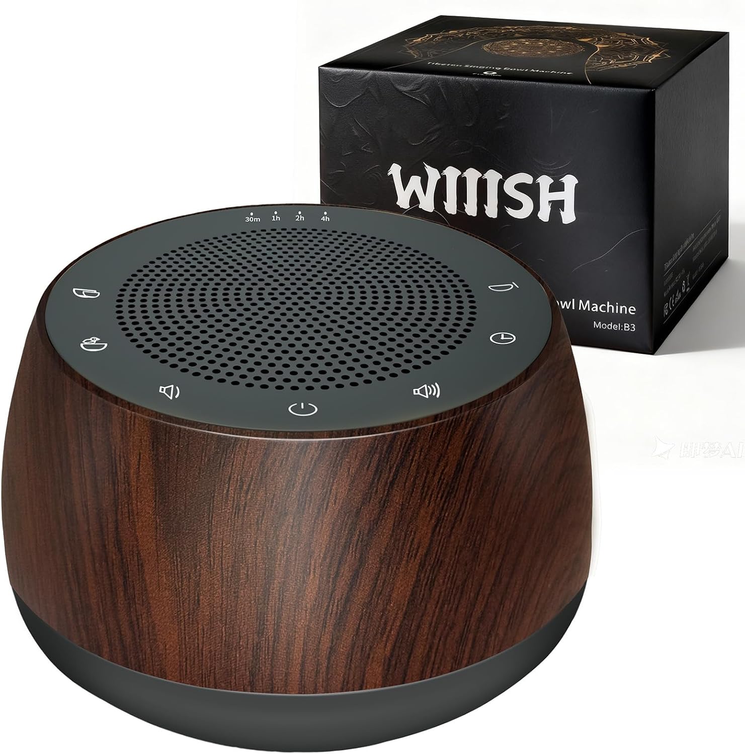 Winish Electronic Tibetan Singing Bowl front view showcasing the premium dark wood finish.