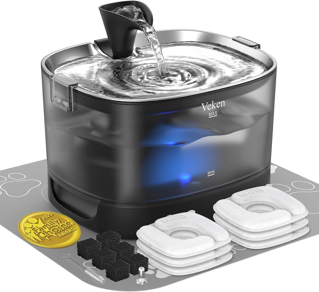 Veken Cordless Cat Water Fountain with Stainless Steel Tray & Secure Clips, 5200 mAh Battery Operated Pet Drinking Dispenser with LED Light, 85oz/2.5L Wireless Fountain for Cats, Dogs and Small Pets - Image 10