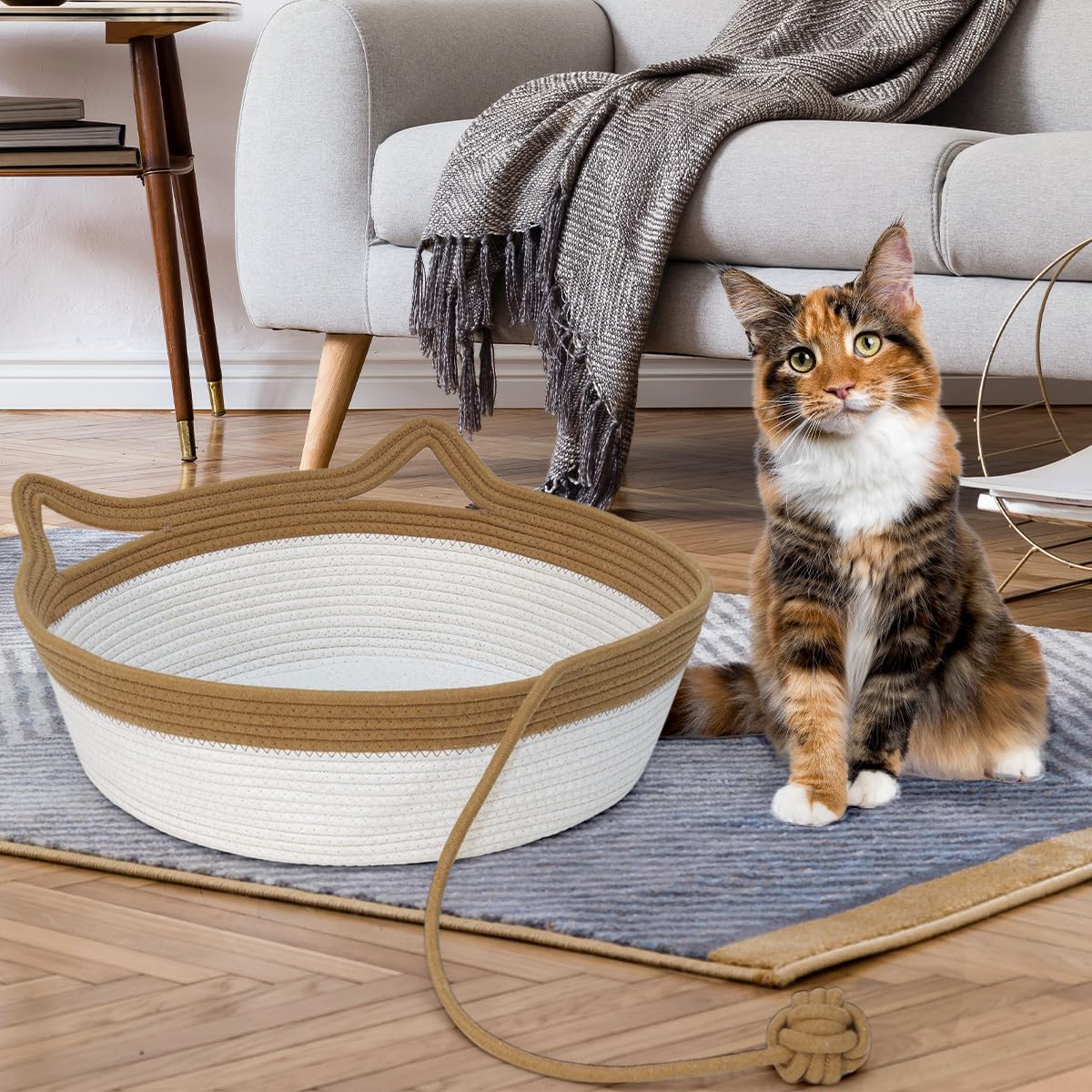 Large brown and beige woven pet sleeping basket