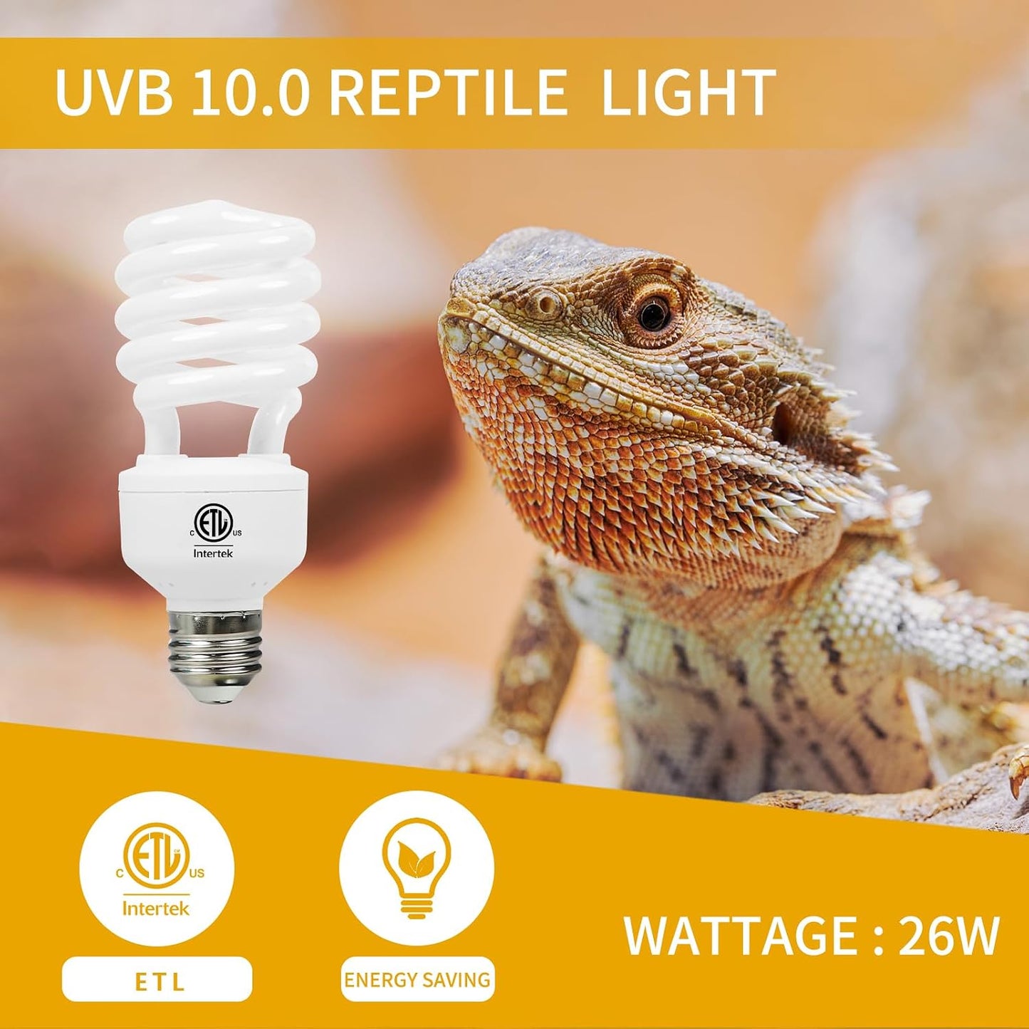 Desert reptile UV light bulb showcasing the E26 screw base
