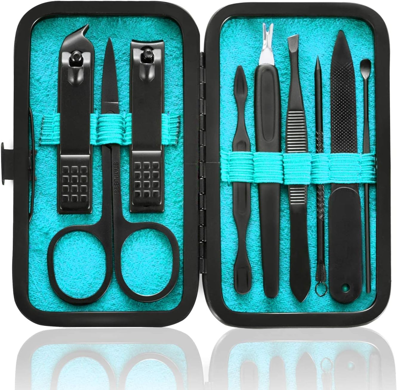 Hantekas 9 in 1 stainless steel manicure set blue case front view