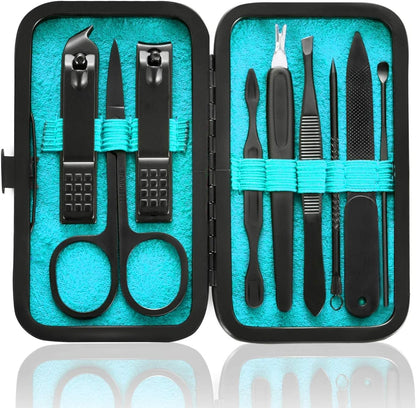 Hantekas 9 in 1 stainless steel manicure set blue case front view