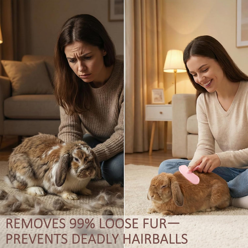 MCTOURY pet grooming tool being used gently on a bunny for loose hair removal