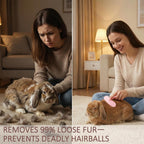 MCTOURY pet grooming tool being used gently on a bunny for loose hair removal
