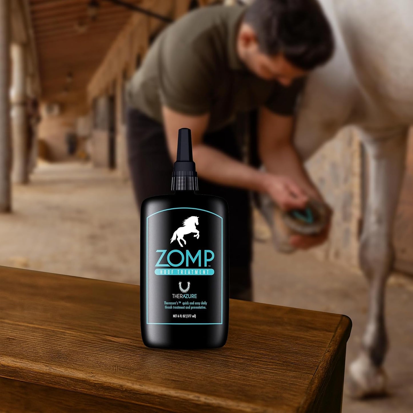 Equine hoof care topical spray for thrush prevention and treatment.