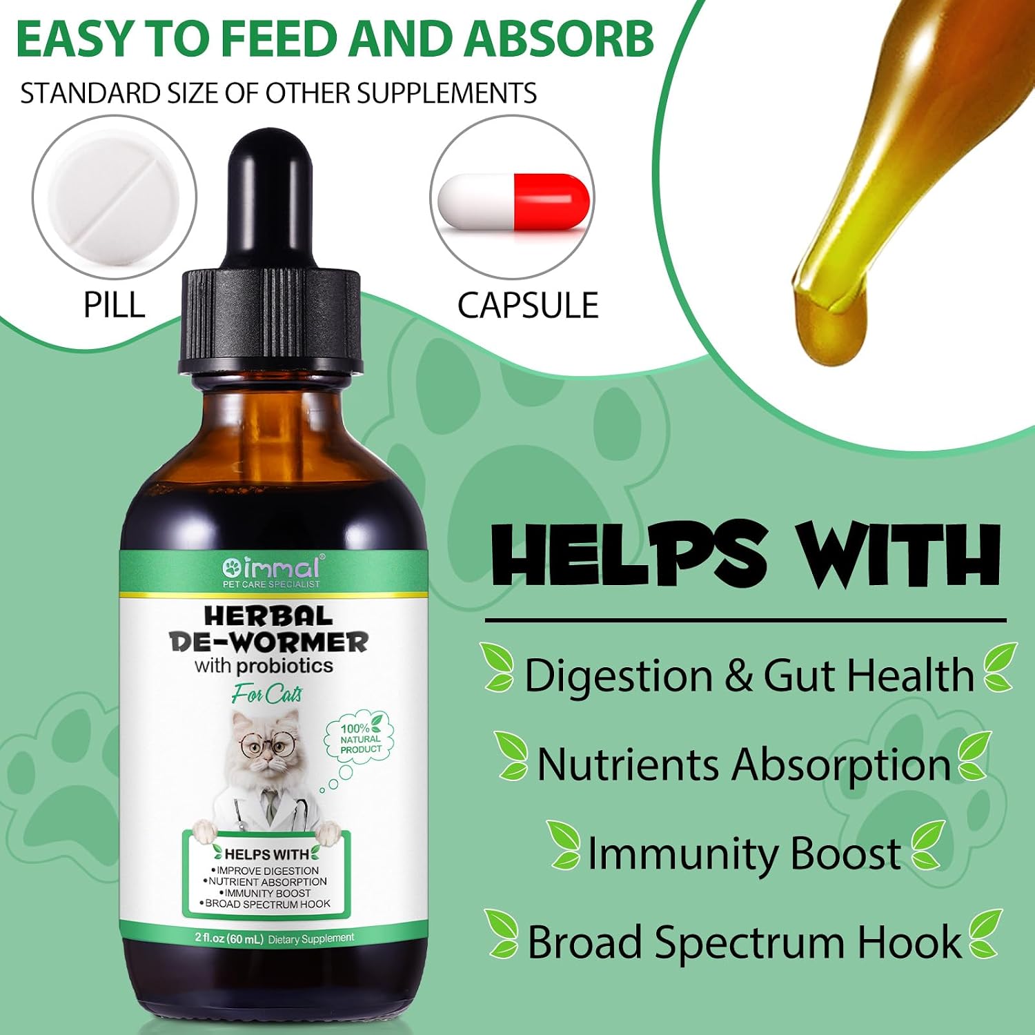 Accio imported USA cat gut health natural drops packaging detail.