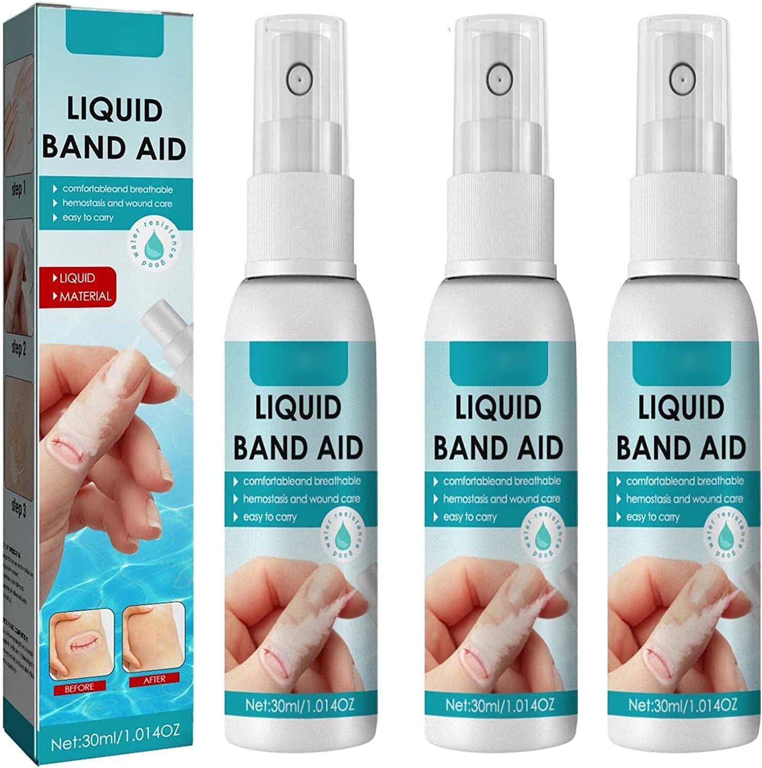 Pelinuar liquid bandage spray front view showing three piece packaging for first aid care