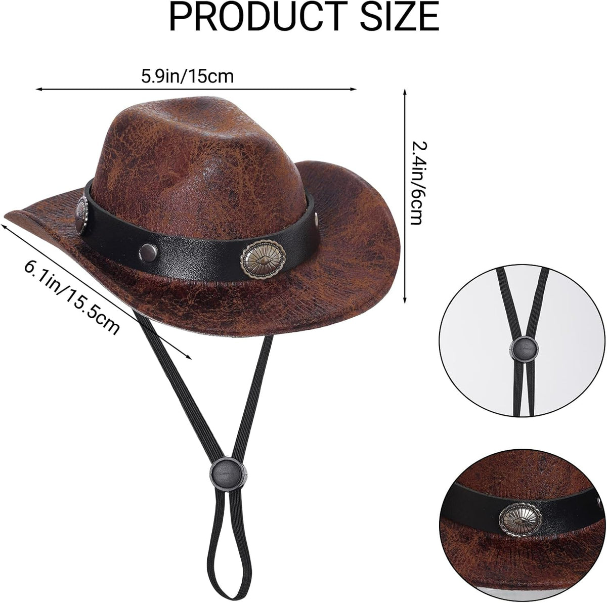 Small dog wearing brown cowboy hat and bandana