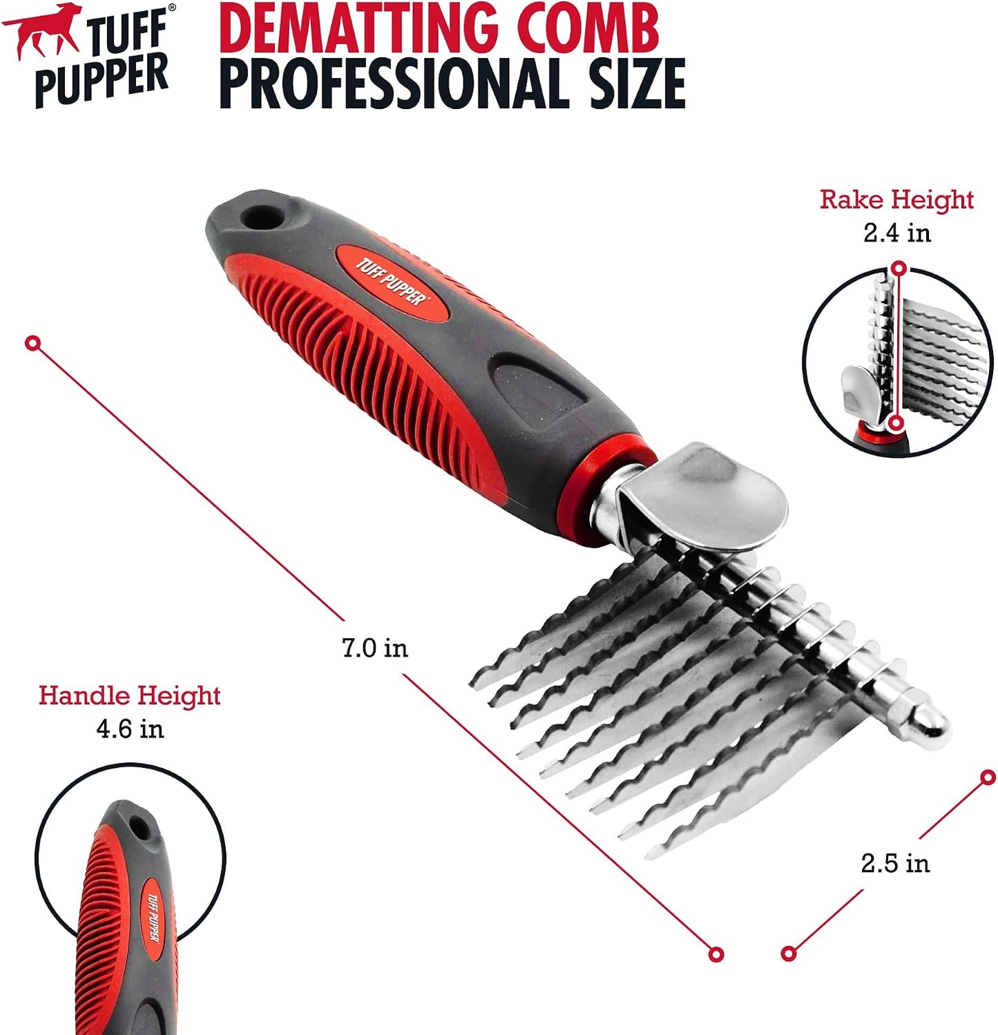 Premium imported Tuff Pupper cat and dog dematting rake packaging and product display.