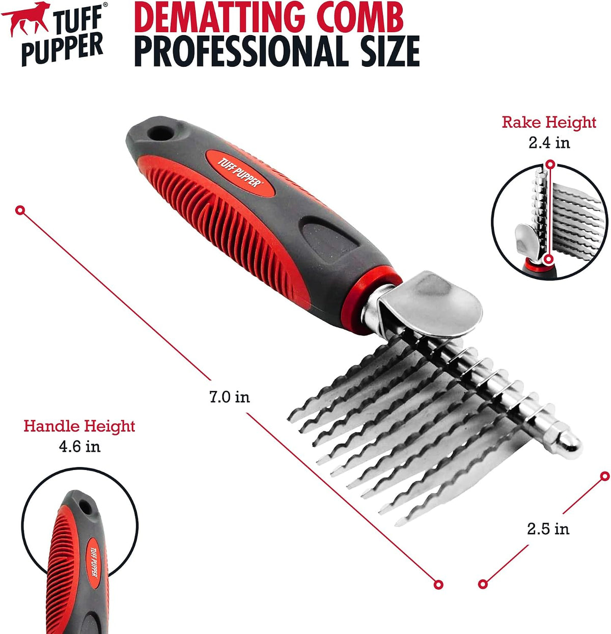 Premium imported Tuff Pupper cat and dog dematting rake packaging and product display.