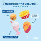 Plush burger squeaky dog toy from Barkbox Dine and Dash collection