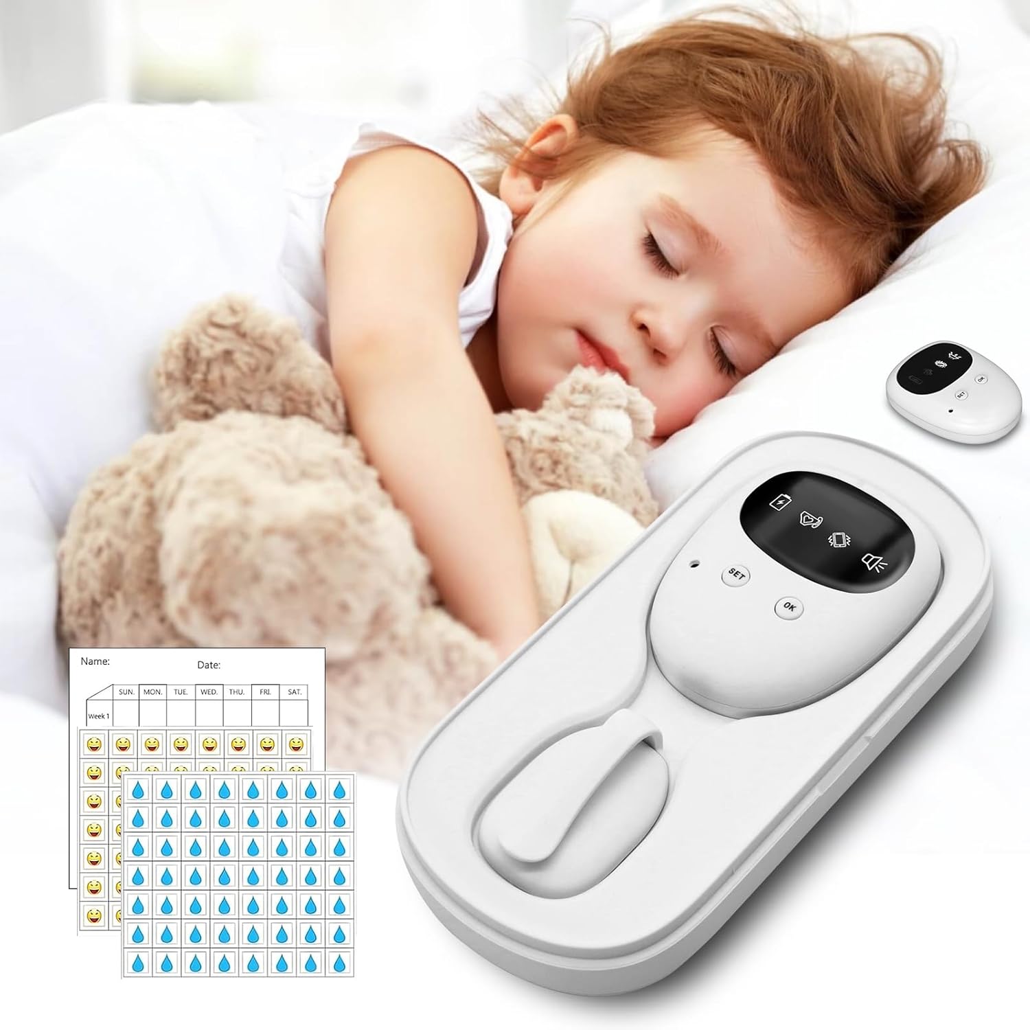 Yoiilifee wireless bedwetting alarm white receiver and transmitter front view