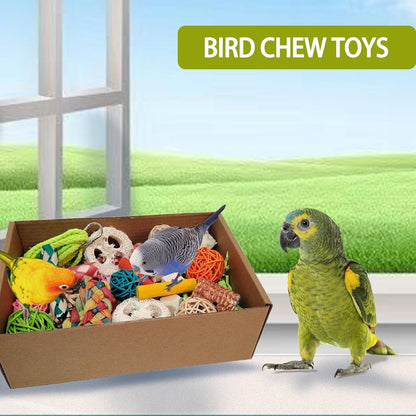 Close up view of natural rattan balls corn husks and loofah slices inside the parrot toy box