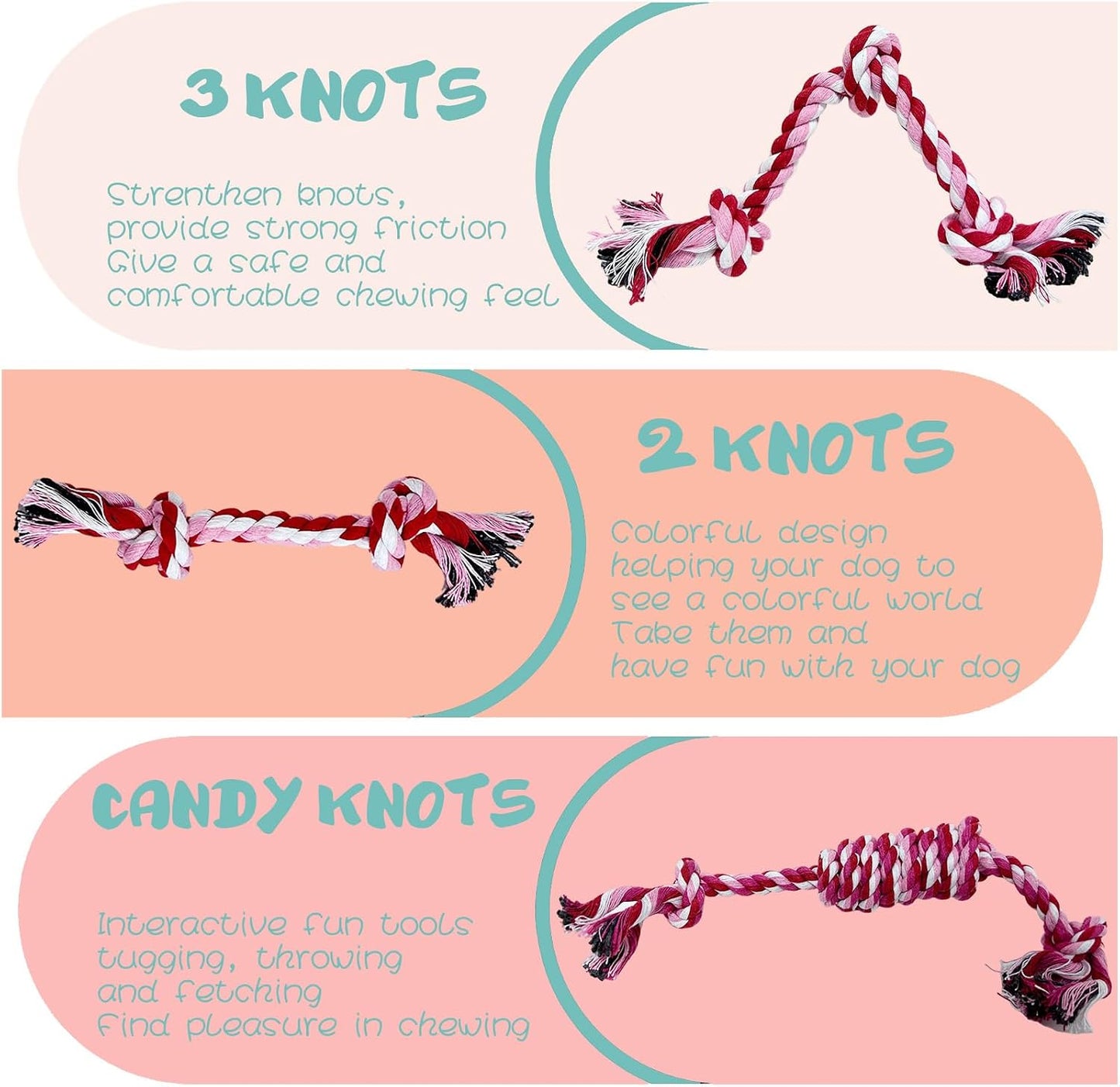 Vrindavaniprimrose pet teething rope bundle arranged to show product dimensions and pink design.