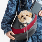The Fur Lodge Pet Sling Carrier front view with small dog