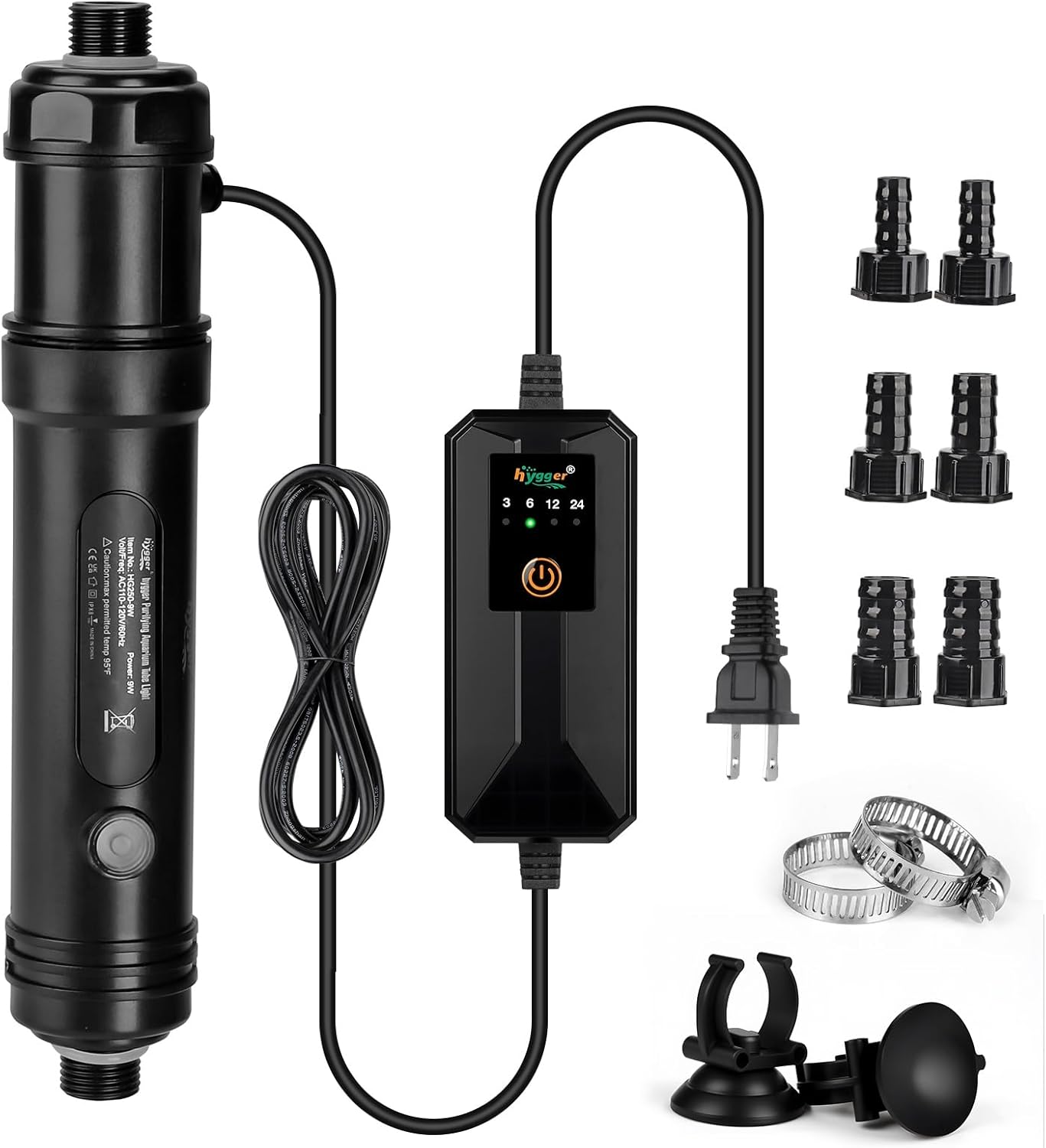Hygger 9W aquarium UV light front view showing the protective shield and touch controller